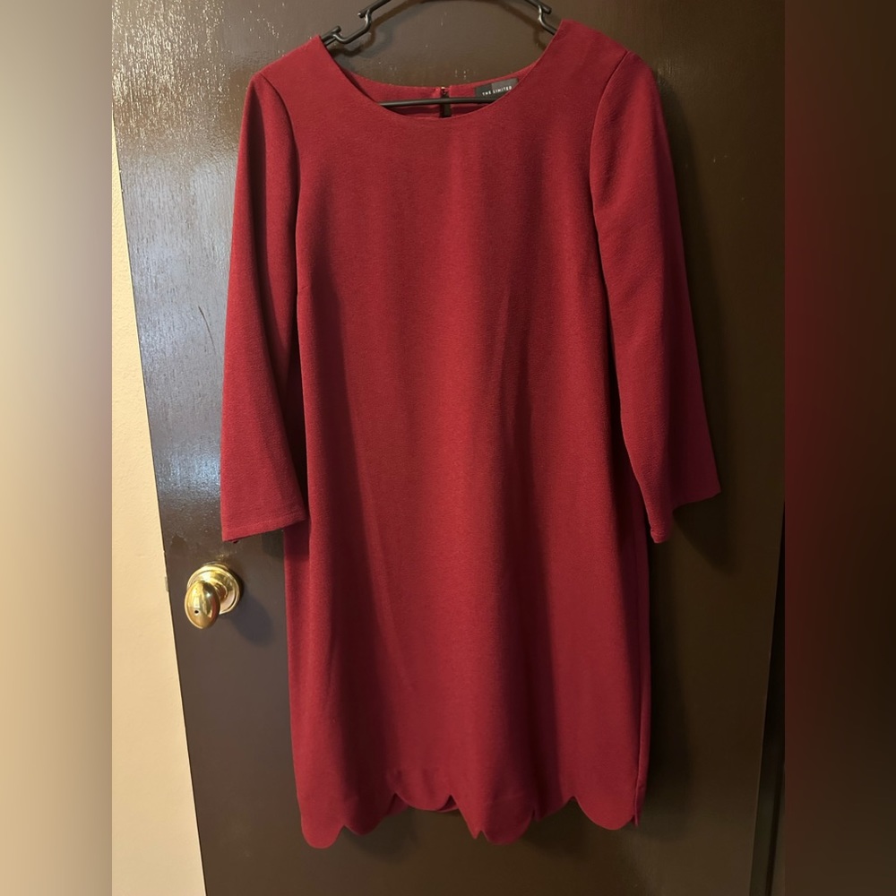 Maroon 3/4 sleeve dress with scalloped hem